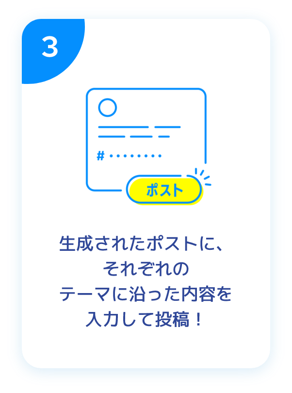 生成されたポストに、それぞれのテーマに沿った内容を入力して投稿！
